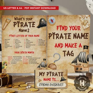 May include: A set of printable pirate-themed party games and decorations. The design includes a "What's Your Pirate Name?" game, a "Find Your Pirate Name" game, and a personalized name tag. The color scheme is tan and brown.