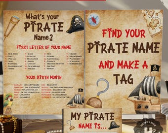 Whats Your Pirate Name Game  ,pirate themed birthday party, Pirate Party Name Generator  Pirates Birthday Party Games, Pirate Funny Name Tag