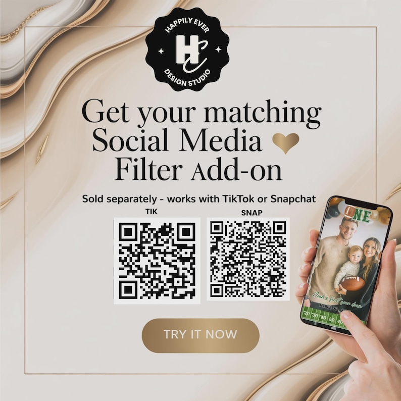 May include: A promotional graphic for a social media filter add-on. The design features the text "Get your matching Social Media Filter Add-on" with a heart symbol. Includes QR codes for TikTok and Snapchat, and a phone displaying a family photo with a filter.