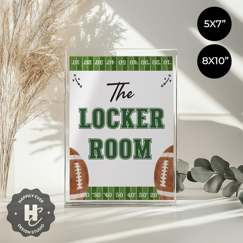 May include: Clear acrylic sign with the text "The Locker Room" in black and green. The sign features football graphics and a field design border. Available in 5x7 inch and 8x10 inch sizes.