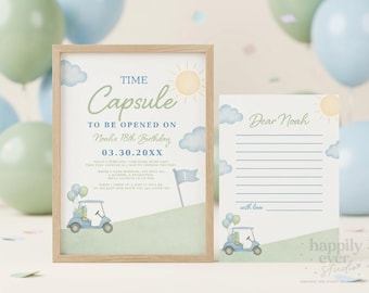 Hole in One Time Capsule, First Birthday Golf Time Capsule Cards & Sign, Editable Canva Keepsake, 1st Birthday Golf Party
