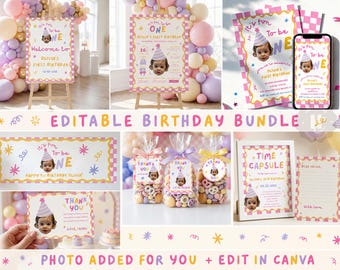 Fun To Be One Pink 1st  Birthday Party Bundle , Colorful First Birthday Bundle, Custom  1st Birthday Invite, One is Fun Party Hat Girl