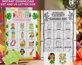 May include: A vibrant Luau Scavenger Hunt game with a tropical theme. The game includes illustrations of a volcano, tiki mask, grass skirt, pineapple, surfboard, toucan, lei, coconut drink, hibiscus flower, hula dancer, and ukulele. The text "Luau Scavenger Hunt" is displayed.