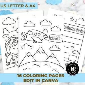 May include: Black and white coloring pages featuring airplanes, clouds, mountains, and a child in a pilot's outfit. One page includes the name "NOAH" on a banner. The text "16 COLORING PAGES EDIT IN CANVA" is also visible.