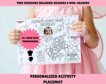 Fairy First 1st Birthday Party Personalized Placemat | Fairy Birthday Party Activity Sheet | Fairy Party Favor | Fairy Activity Table Mat