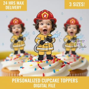 May include: Personalized cupcake toppers featuring a cartoon firefighter with a red helmet and yellow uniform. The image includes the text "24 HRS MAX DELIVERY" and "3 SIZES!" The toppers are on cupcakes with white frosting and colorful sprinkles. The text "PERSONALIZED CUPCAKE TOPPERS DIGITAL FILE" is also present.