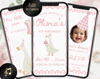 One Silly Goose First Birthday Video Invitation, Little Goose 1st Birthday Animated Digital Invite, e invitation, Canva Video Invite