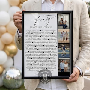 May include: A framed black and white print with the word "forty" in script. The print includes a list of reasons and four small photo strips. The print is held by a person in a beige suit.