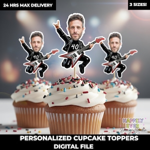 May include: Three cupcakes topped with white frosting and colorful sprinkles. Each cupcake has a personalized topper featuring a man playing a guitar, wearing a black jacket, and the number 40. Text on the image says "PERSONALIZED CUPCAKE TOPPERS DIGITAL FILE."