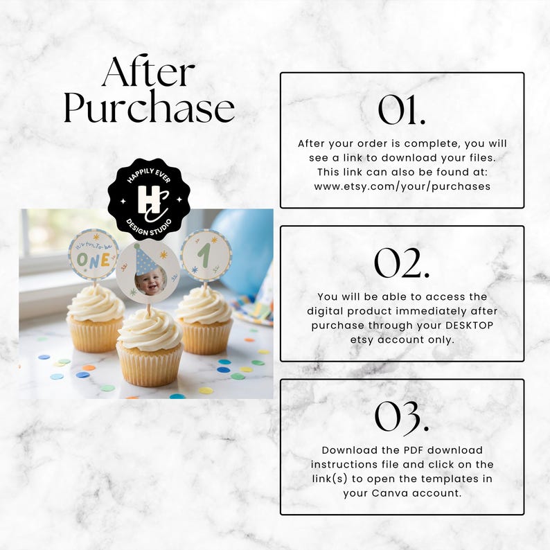 May include: Image of cupcakes with decorative toppers for a first birthday celebration. The toppers feature the word "ONE", a baby's photo, and the number "1". The image also includes instructions for accessing digital products after purchase.