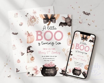 A little Boo Is Turning Two Halloween 2nd Birthday Invitation, Editable Canva Template, 2nd birthday Halloween Girl Party Invite