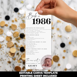 May include: A vertical card with the text "Back in 1986" and a list of popular songs, movies, and celebrities from that year. The card includes the text "The main event?" and a baby photo. The bottom text reads "EDITABLE CANVA TEMPLATE PRINTING SHEET INCLUDED."