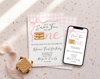 Girl S'mores Birthday Invitation, S'more Fun to Be One Pink Campfire 1st Birthday Invite