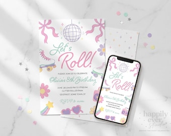 Roller Skating Birthday Invitation, Let's Roll Groovy Skating Party ,  Coquette Roller Skating Birthday Invitation, Canva template