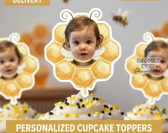 Bumblebee 1st Birthday Custom Face Cupcake Topper, Custom Bee Cupcake Toppers: Photo Birthday Party Decor, Personalized bumble bee photo
