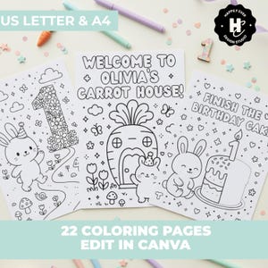 Könnte beinhalten: Drei Schwarz-Weiß-Malvorlagen mit Hasen- und Karottenhaus-Illustrationen. Auf einer Seite steht "Welcome to Olivia's Carrot House!" und auf einer anderen "Finish the Birthday Cake". Der Text "22 Coloring Pages Edit in Canva" ist ebenfalls sichtbar.