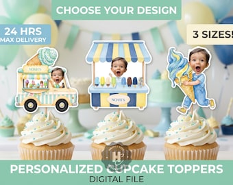 Ice Cream Cupcake Toppers with Photo , Sweet One & Two Sweet Birthday Decor, Two Scoops Party , Ice Cream Truck Birthday Decor
