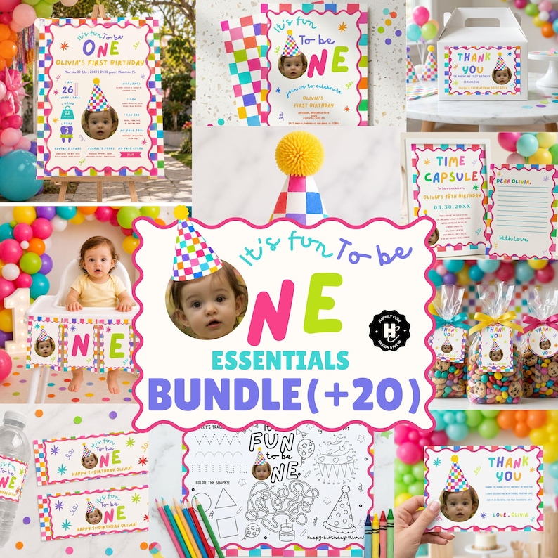 May include: A first birthday party essentials bundle featuring colorful checkered patterns and party hats. Includes a milestone board, thank you boxes, time capsule cards, coloring sheets, and favor bags with candy, all decorated with the text It's fun To be ONE.