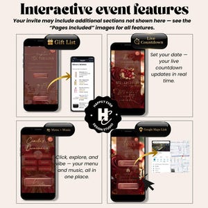 May include: An image showcasing interactive event features on smartphones. Features include a gift list, live countdown, menu and music, and a Google Maps link. The design is in shades of burgundy and gold, with the text "Interactive event features".