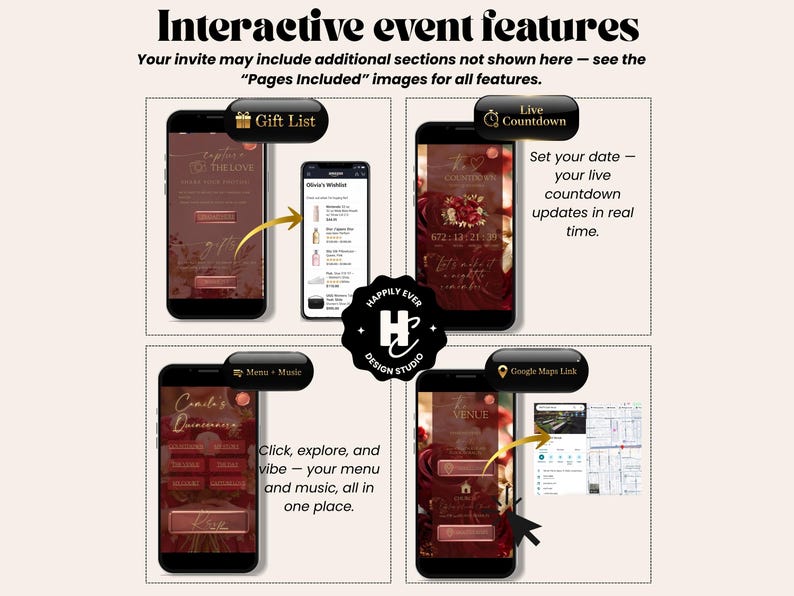 May include: An image showcasing interactive event features on smartphones. Features include a gift list, live countdown, menu and music, and a Google Maps link. The design is in shades of burgundy and gold, with the text "Interactive event features".