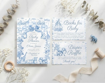 Blue Toile Safari Baby Boy Shower Invitation Bundle , Vintage French Blue Floral Bow Invitation , Safari Animal Theme Baby Shower Invite