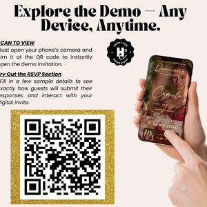 May include: A smartphone displays a digital invitation for a Quincea&ntilde;era named Camila. The image includes a QR code and text that reads "Explore the Demo - Any Device, Anytime."