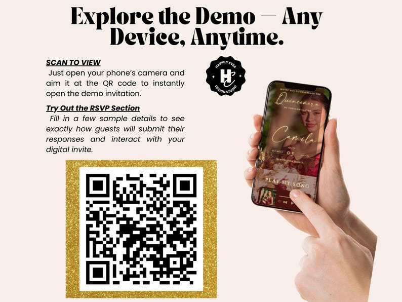 May include: A smartphone displays a digital invitation for a Quincea&ntilde;era named Camila. The image includes a QR code and text that reads "Explore the Demo - Any Device, Anytime."