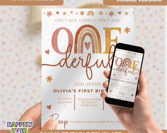 Boho Rainbow First Birthday Invitation Template , Isn't She Onederful Birthday Invitation,  Neutral rainbow first birthday