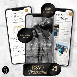 Puede incluir: Tres smartphones que muestran un diseño de invitación de boda. El teléfono central presenta una foto en blanco y negro de una pareja con el texto "Tia & James". Otros teléfonos muestran detalles de la cuenta regresiva y elementos de la historia de la boda. Incluye "RSVP Trackable".