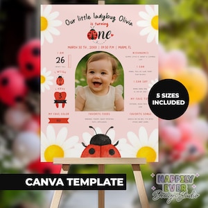 May include: A pink birthday poster on an easel, with a baby photo and ladybug illustrations. The poster reads "Our little ladybug Olivia is turning one." It also has the text "5 SIZES INCLUDED" and "CANVA TEMPLATE".