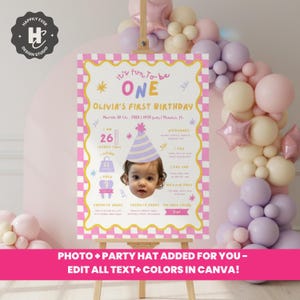 以下が含まれることがあります： イーゼルに立てられたピンクと黄色の誕生日の看板。 「It's fun to be ONE」と「Olivia's First Birthday」の文字が書かれています。 パーティーハットをかぶった赤ちゃんの写真と、子供の年齢や好みの詳細が含まれています。 ピンクと紫の風船で飾られたシーンです。