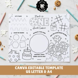 May include: A black and white activity sheet for a child's first birthday, featuring tracing, colouring, and a maze. Illustrations include cookies and milk. Text includes "Noah is ONE Sweet Cookie" and "Decorate your cookie".