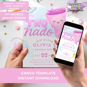 May include: A pink and white invitation with the text "Two-nado" and a cartoon tornado illustration. The invitation is held in front of a smartphone displaying the same design. The invitation includes the text "Join us for Olivia's Birthday Party" and "Sat 22 Dec".
