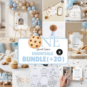 May include: A selection of party decorations and supplies with a "Sweet Cookie" theme. Includes a banner, invitations, and cupcake toppers. The color scheme is blue, beige, and white.