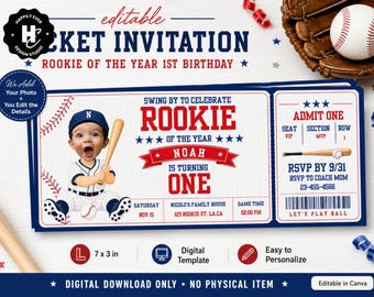 Rookie of the Year Baseball Ticket 1st Birthday Invitation , Custom Foto Baseball Ticket  (Digital Download)