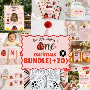 Pode incluir: Uma coleção de artigos para festas com tema de joaninha, incluindo convites, faixas e decorações. O esquema de cores é principalmente rosa, vermelho e branco, com detalhes de margaridas. O texto "Our little ladybug is one" é exibido de forma proeminente.