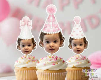 Roze feesthoed gezicht topper, roze strik feesthoed banner, 1e verjaardag meisje, meisjes willen gewoon één zijn, elke leeftijd aangepaste verjaardag