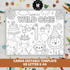 Könnte beinhalten: Schwarz-weiß druckbare Geburtstagsparty-Vorlage mit dem Text "OLIVIA IS A WILD ONE". Das Design umfasst einen Kuchen, ein Fernglas, die Zahl eins, Pfotenabdrücke, einen Cupcake und verschiedene Zeichentricktiere. Die Vorlage ist für US Letter- und A4-Papier.