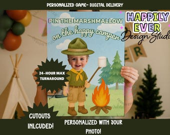 One Happy Camper Birthday Personalized Game | Camping Birthday Game | Backyard Camping Party | Smores Birthday| Adventure pin the tail