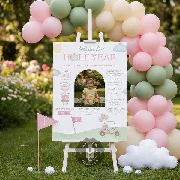 Poster fotografico rosa Hole in One Milestone, compleanno di golf rosa per ragazze, festa del primo compleanno di golf per ragazze, Par Tee per ragazze, GGP1