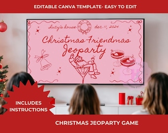 May include: A pink and red digital screen displaying a Christmas Jeopardy game template. The screen shows a Santa Claus character in a martini glass, a bell, and the text "Christmas Friendmas Jeopardy".