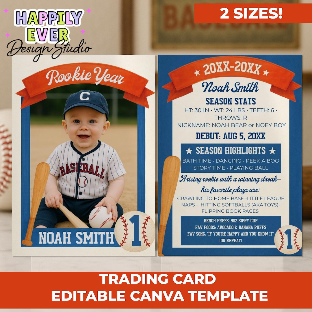 Rookie of the Year 1st Birthday Trading Card, Baseball Players Card ...