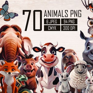 Cute Cartoon Animals Bundle 70 Different Designsr,  Clipart - Cute Animals PNG Clipart - Cricut Cutting Files, Digital Download
