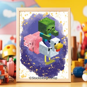 May include: A framed print featuring pixelated characters from a video game. A green zombie rides a white chicken, with a pink pig nearby, all set against a purple and gold watercolor background. The text "StockDesign.shop" is at the bottom.