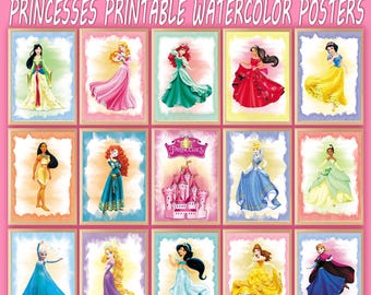 Princess Watercolor Posters: Set of 14 Prints Digital Download