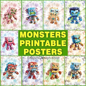 10 Minecraft-Themed monsters Printable files Minecrafter monster character Pixel Art Prints Wall Decor Kids Rooms Gaming Spaces Cartoon