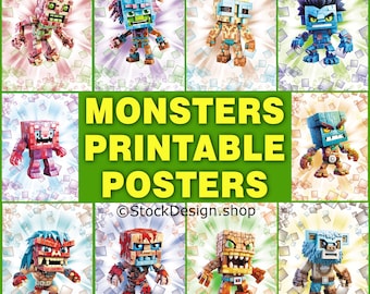 Minecraft-Themed Monsters Pixel Art Prints, Kids Room Decor (PDF)