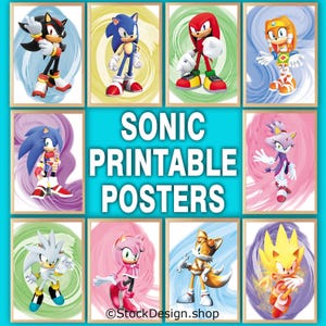 Juego de 10 carteles imprimibles de Sonic, impresiones digitales de superhéroes, arte de pared, decoración de habitación infantil, póster de guardería, dibujos animados, obras de arte coloridas, acuarela
