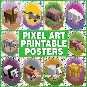 10 Minecraft-Themed animals Printable files Pixel Art Kids Room Cartoon Poster Minecrafter character Prints Wall Decor Gaming Spaces