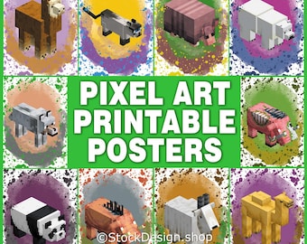 10 Minecraft-Themed animals Printable files: Pixel Art Posters Wall Decor